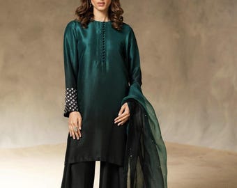 Seide Farshi Salwar Kameez Anzug: Pakistanische Designer Organza Dupatta