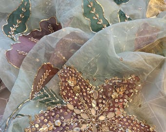 Handpainted floral organza dupatta with dabka,naqshi and sequins embroidery