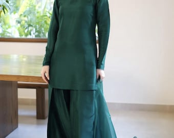 Seide Farshi Salwar Kameez Anzug: Designer Indisches Outfit mit Organza Dupatta