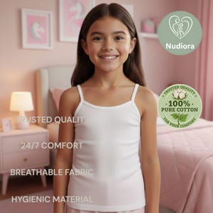 Könnte beinhalten: Eine junge Person trägt ein weißes Camisole-Top mit dünnen Trägern. Das Bild enthält den Text „Trusted Quality“, „24/7 Comfort“, „Atmungsaktiver Stoff“ und „Hygienisches Material“. Ein Logo mit dem Text „100% reine Baumwolle“ ist ebenfalls sichtbar.