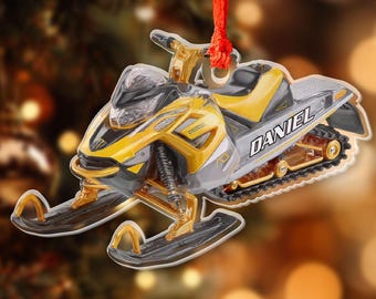 Personalized Snowmobile Ornament, Custom Name Yellow Snow Sled Christmas Decoration, Winter Sports Ornament Gift for Snowmobilers