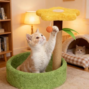Puede incluir: Un gato juguetón alcanza una bola naranja unida a un rascador con forma de flor amarilla. El gato está en una cama verde y circular. Otro gato descansa en una cama acogedora en el fondo. El rascador tiene un poste rascador de sisal.