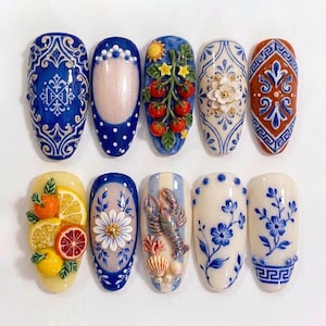 3D Mediterranean Summer Press On Nails | Amalfi Majolica Tile Art | Hand Painted Lemon Tomato & Lobster | Custom Vacation Fake Nails