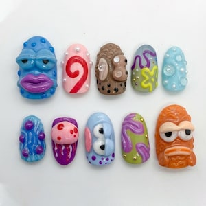 Handmade 3D SpongeBob Inspired Press On Nails | Squidward's House & Gary Art | Kawaii Patrick's House Bikini Bottom Sea Coffin Nail Set