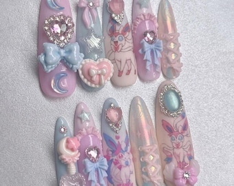 Handmade Sylveon Press on Nails | Kawaii Sylveon Nails | Pink Pastel Coquette Nails | 3D Charm Bows Heart Crystal Luxury Fake Nails