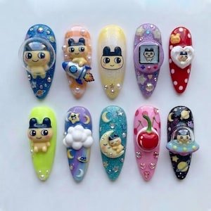 Tamagotchi Mametchi Press On Nails - Space Adventure Y2K Nails - Handmade 3D Rocket, Moon & Pixel Tamagotchi Reusable Nails
