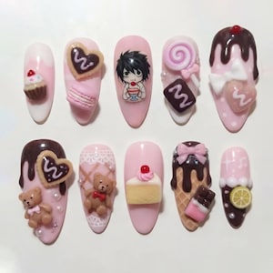 Handmade Genius Detective Sweet Tooth Inspired Press On Nails | 3D Cake Macaron & Chocolate Bear | Pink Anime Boy Dessert Nail Set
