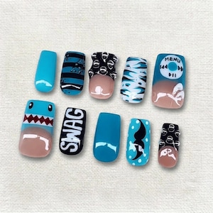 Ocean Shark Pop Press On Nails | 3D Cartoon Art, Y2K Music Player Theme | Blue Aqua, Bubble Texture, Cute Shark, Retro iPod Style