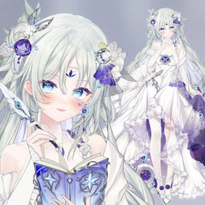以下が含まれることがあります： 長い白髪、青い目、白いドレスのキャラクターのアニメスタイルのイラスト。キャラクターは羽ペンと、青い表紙と星のデザインの入った本を持っています。画像は、紫色のアクセントを持つ、柔らかく夢のような美学を持っています。