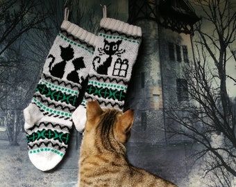 Pattern for Cat Christmas Stockings, Fairisle Knitting Pattern, Cat Santa Socks, Fair Isle Cat, Knitting pattern cat, PDF pattern