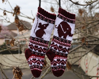 Mouse Fairisle Pattern, Elephant Pattern, Christmas Stockings pattern, Fair Isle Christmas stocking, fairisle elephant, knit mouse PDF