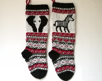 Zebra Fairisle Pattern, Elephant Knit Pattern, Christmas Stockings pattern, Fair Isle Christmas stocking, fairisle elephant, knit zebra PDF