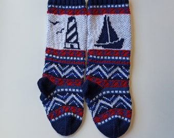 Lighthouse Fairisle Pattern, Boat Pattern, Christmas Stockings pattern, Fair Isle Christmas stocking, fairisle lighthouse, knit boat PDF