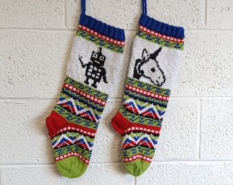 Robot Fairisle Pattern, Unicorn knit Pattern, Christmas Stockings pattern, Fair Isle Christmas stocking, fairisle unicorn, knit robot PDF