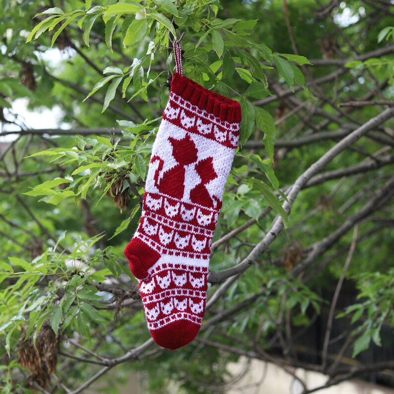 Cat Santa Sock RWLA Red Christmas Stocking Knit Christmas Stocking Knit Holiday Stocking Personalized Sock Fair isle stocking