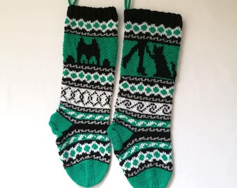 Knitting Pattern Cat Christmas Stockings, FairIsle Knit Holiday Stocking, Santa Sock, Stranded Knitting, Cat Home Decor, Knit Your Own