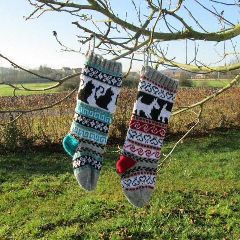 Pattern Fair Isle Christmas Stockings Cat and Dog fair isle PDF pattern only image 1