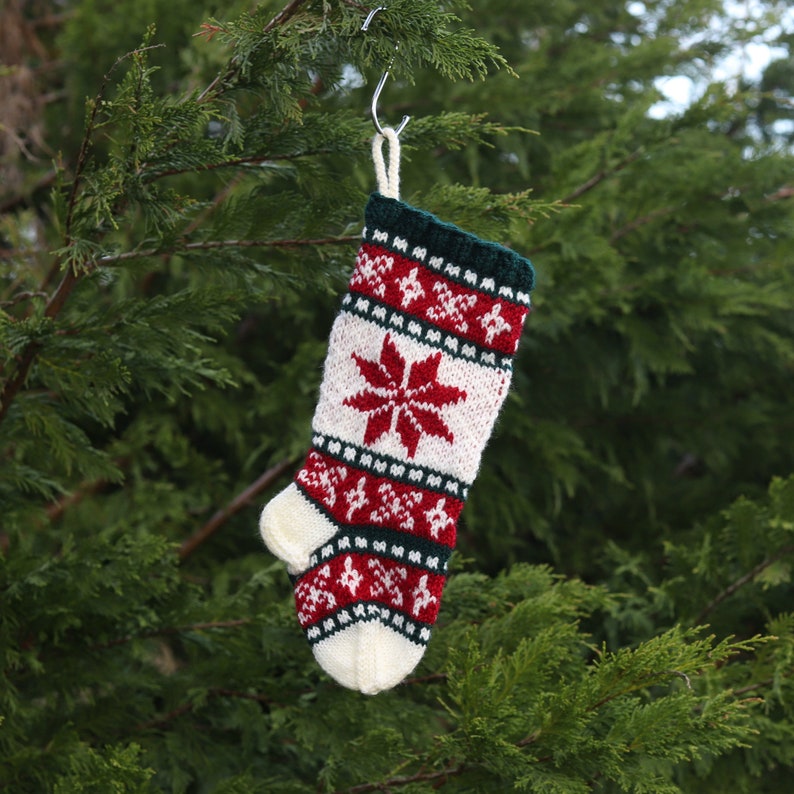 Small Santa Sock FairIsle Christmas Stocking Knit Christmas stocking Knit Christmas poinsettia Holiday sock poinsettia SWRGR