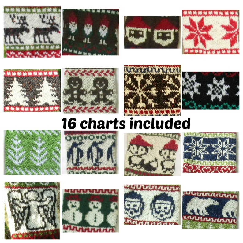 Knitting Pattern Collection of 16 Christmas Stockings Charts fair isle with detailed instruction for Personalized Santa Sock PDF only image 2