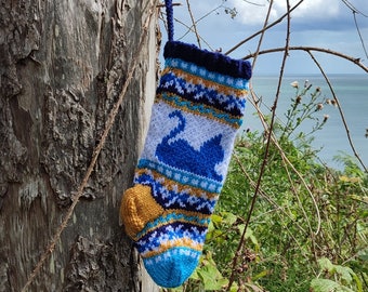 Small Holiday Stocking , Cat Christmas Stocking, FairIsle knit, blue xmas, Santa Sock, Christmas Stocking, modern Christmas, SYNB