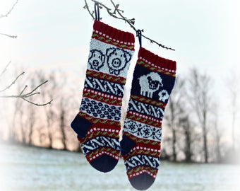 Sheep Fair Isle knit, Pigs Fair Isle Knit, knit Christmas stocking, Stranded knit pig, FairIsle Sheep, Knitting pattern, Santa Socks to knit