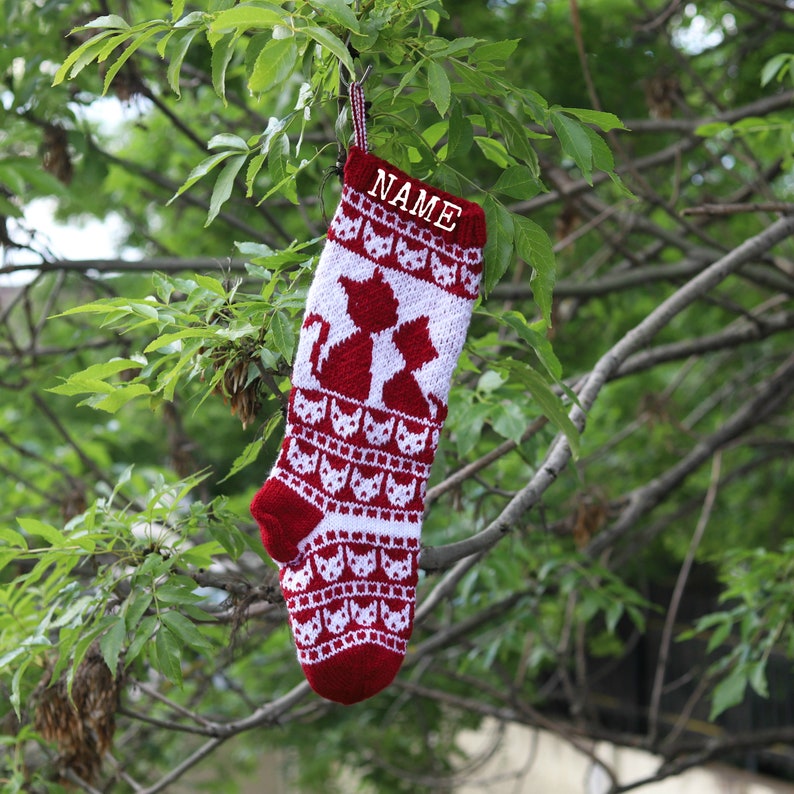 Cat Santa Sock RWLA Red Christmas Stocking Knit Christmas Stocking Knit Holiday Stocking Personalized Sock Fair isle stocking