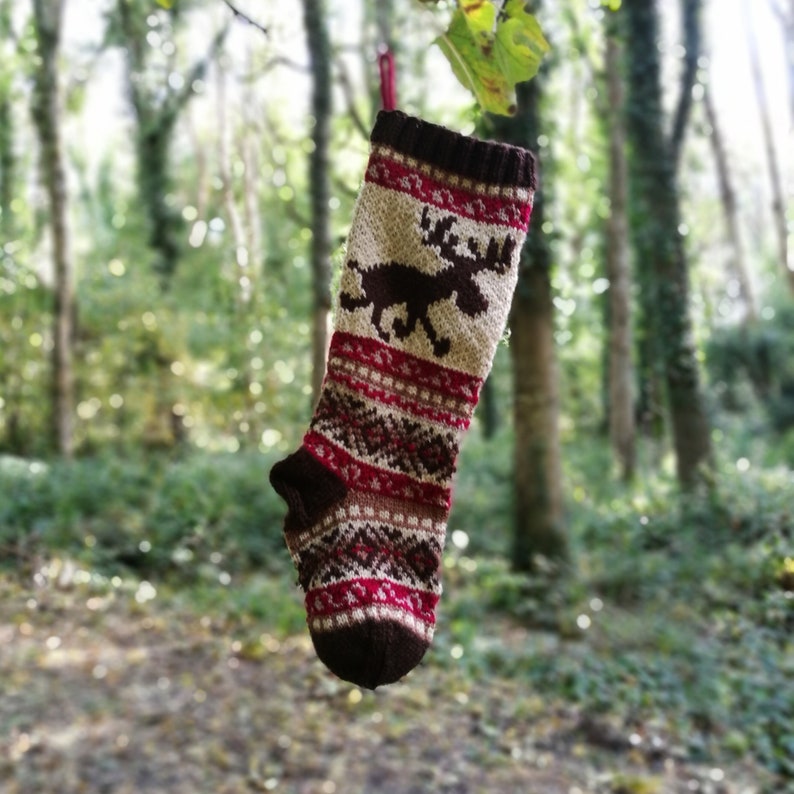 Fair isle stocking Knit Christmas Stocking Brown Christmas Stocking Knit Holiday Stocking Reindeer Santa Sock Knit Reindeer Sock BBBR