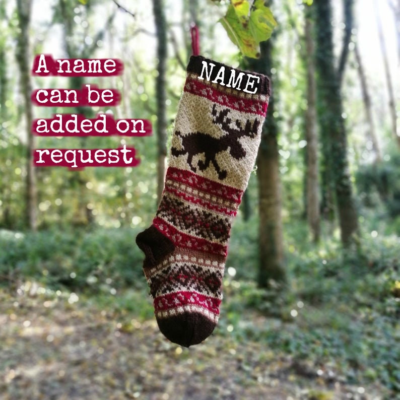 Fair isle stocking Knit Christmas Stocking Brown Christmas Stocking Knit Holiday Stocking Reindeer Santa Sock Knit Reindeer Sock BBBR