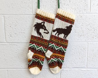 Wolf Fairisle Pattern, Knit Pattern, Christmas Stockings pattern, Fair Isle Christmas stocking, fairisle wolf, knit wolf, wolf chart PDF
