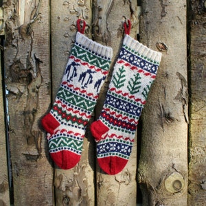 Pattern Santa Socks FairIsle knitting instruction for Christmas stockings with Penguins and Christmas Trees
