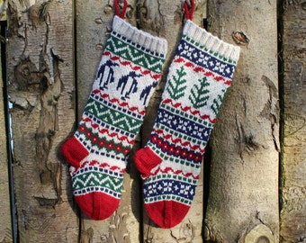 Pattern Santa Socks FairIsle knitting instruction for Christmas stockings with Penguins and Christmas Trees