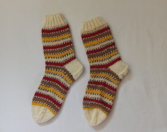 Striped Knitted Socks, yellow socks, fairisle socks, cozy socks, medium sized socks (Women Size US 6.5-8.5, UK 4-6, Europe 37-39)