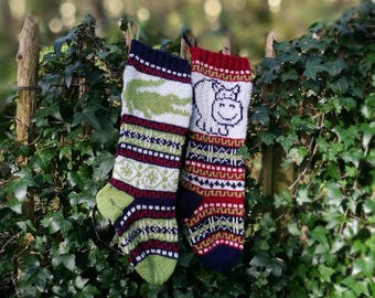 Hippo Fair Isle knit, Croco Fair Isle Knit, knit Christmas stocking, Stranded knit crocodile, FairIsle Hippopotamus, Knitting pattern