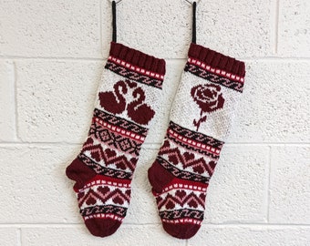 Rose Fairisle Pattern, Swans Pattern, Christmas Stockings pattern, Fair Isle Christmas stocking, fairisle rose, knit swan Christmas sock PDF