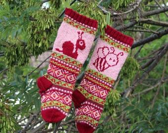 Pattern Fair Isle Christmas Stockings, Bee and Snail, fairy tale Christmas, knit fairisle, knit bee, knit snail, fairisle bee PDF pattern