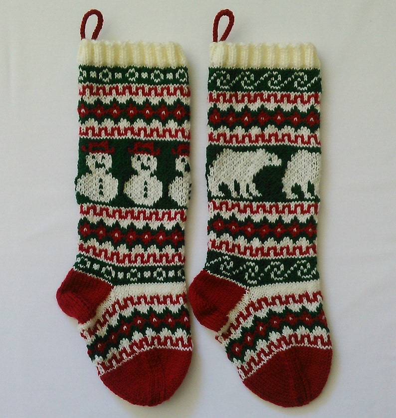 Knitting Pattern Fair Isle Christmas Stockings Snowman and Polar Bear ...