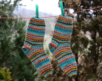 Rainbow Socks (Size US 7.5-8.5, UK 5-6, Europe 38-39) striped knitted warm comfortable handknitted cozy socks gift for women