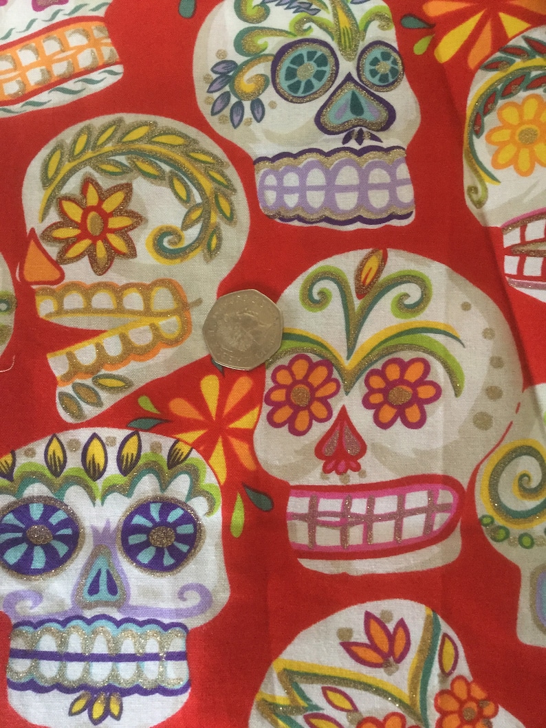 Fabric Cut off Remnant Alexander Henry Day of the Dead Red Glitter