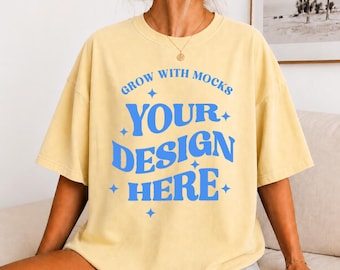 Butter C1717 T-Shirt  Mockup Comfort Colors Mocks Model Mockup C1717 Yellow Shirt Mock White Comfort Colors Mock Up Girl Women's Tshirt