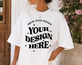 White T-Shirt Mockup Ivory C1717 Mockup Comfort Colors Mocks Model Mockup C1717 Shirt Mock White Comfort Colors Beach Mock Up Girl Summer