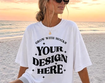 White T-Shirt Mockup Ivory C1717 Mockup Comfort Colors Mocks Model Mockup C1717 Shirt Mock White Comfort Colors Beach Mock Up Girl Summer