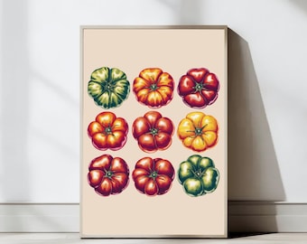 Heirloom Tomato Prints, Kitchen Wall Art, Mediterranean Print, Vegetable Decor, Food Art, Tomato Poster, Vegetable Print, Digital Download