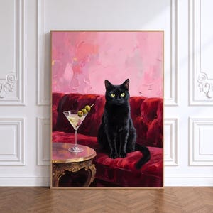 Zwarte kat met vuile martini-poster, grillige cocktailkunstposter, barwagendecor, trendy kattenmuurkunst, keukenposter, housewarmingcadeau