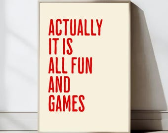It is All fun and games Print, Retro Wall Art, Trendy Print, Retro Poster Print, Red Poster, Dorm Decor, Printable Art, Digital Download