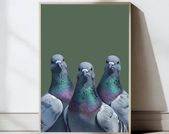 Nosy Pigeons Wall Art, Quirky Home Decor, Livingroom Wall Art, Cheeky Animal Poster, Retro Mid-Century Illustration, Digital Download