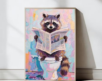 Grappige wasbeer badkamer kunst aan de muur, wasbeer op toilet kunst, schattige dieren poster, grappige badkamer print, poster toilet humor, digitale download
