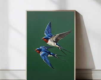 Zwei Schwalben gerahmt Kunstdruck, Vogel Art Deco, Vogel Illustration, minimalistische Wanddekoration, Schlafzimmerdekor, Haus Wandkunst, digitaler Download