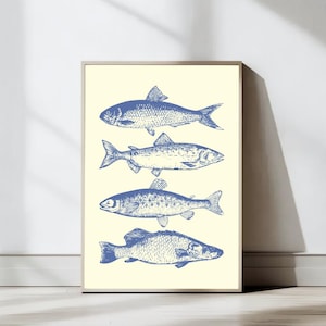 Blue Fish Prints, Vintage Style Fish Print, Coastal Wall Art, Ocean Fish Decor, Marine Life Print, Fishing Cabin Art, Digital Download