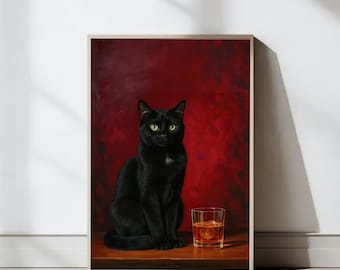 Katze mit Whisky Dark Humor Wandkunst, Moody Black Cat Poster, Moderne Wandkunst, Hausbar Dekor, Moody Decor, Bar Wandkunst, digitaler Download