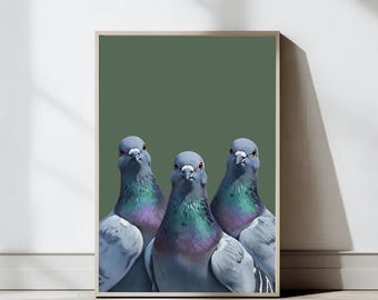 Nosy Pigeons Art Print, Quirky Home Decor, Livingroom Wall Art, Cheeky Animal Poster, Retro Mid-Century Illustration, Digital Download